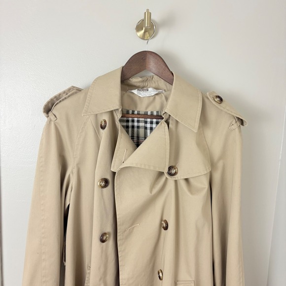Vintage Classic Beige Double Breasted Trench Coat Plaid Lining Womens L/XL  Prep - Picture 2 of 15